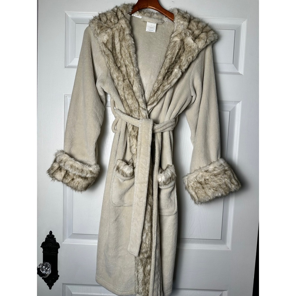 Pottery Barn Ombre Women Cream Fleece Hooded Robe Faux Fur Trim Loungewear S